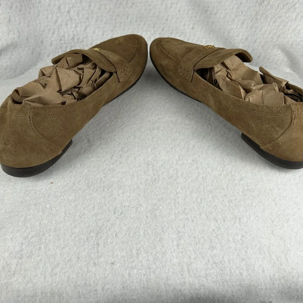 Tory Burch Loafers Womens Size 11M Tan Brown Suede Double T Logo Penny Shoes